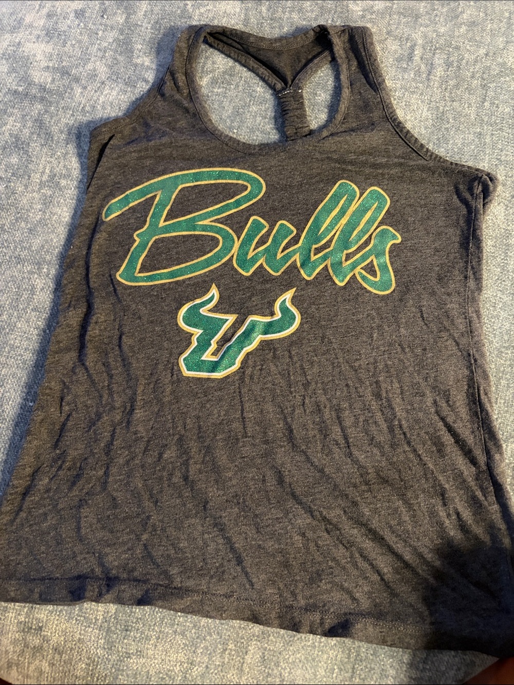 Pressbox Charcoal Racerback Tank with Green and Gold Bulls Logo